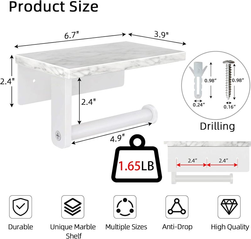 Gypie Toilet Paper Holder with Natural Marble Shelf, 304 Stainless Steel Screw Wall Mounted, Tissue Roll Paper Holder Dispenser for Bathroom Washroom White - Image 4
